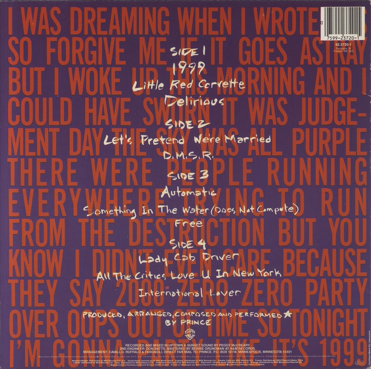 Prince 1999 (Nineteen Ninety Nine) - Barcoded Sleeve German 2-LP vinyl set