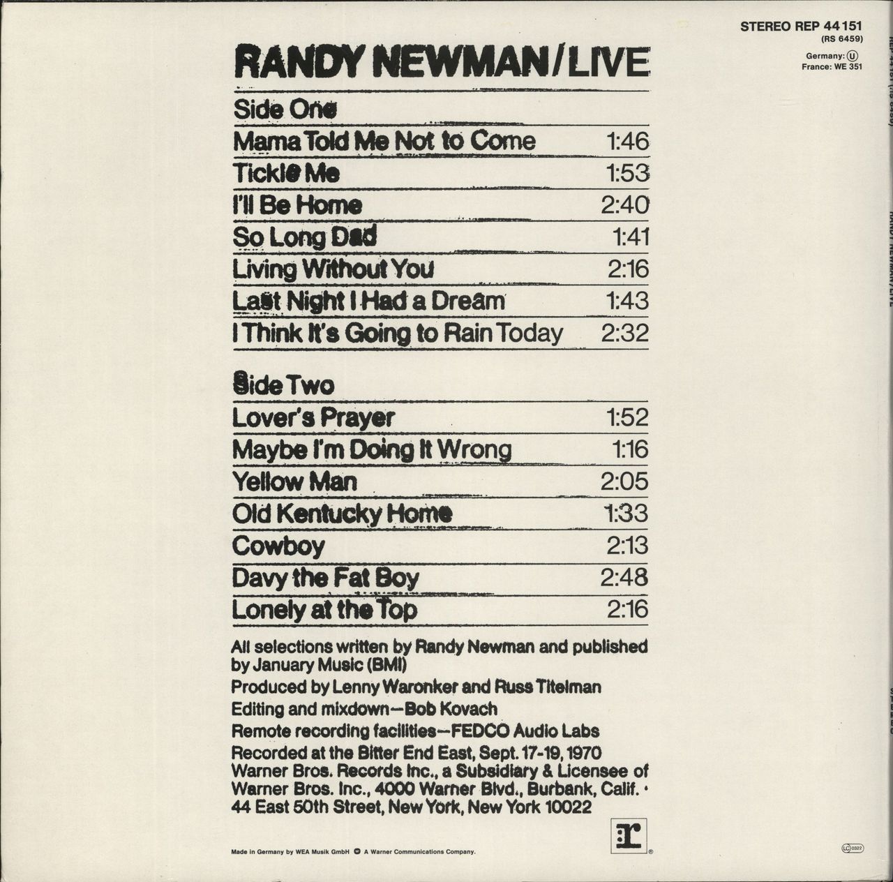 Randy Newman Live German Vinyl LP