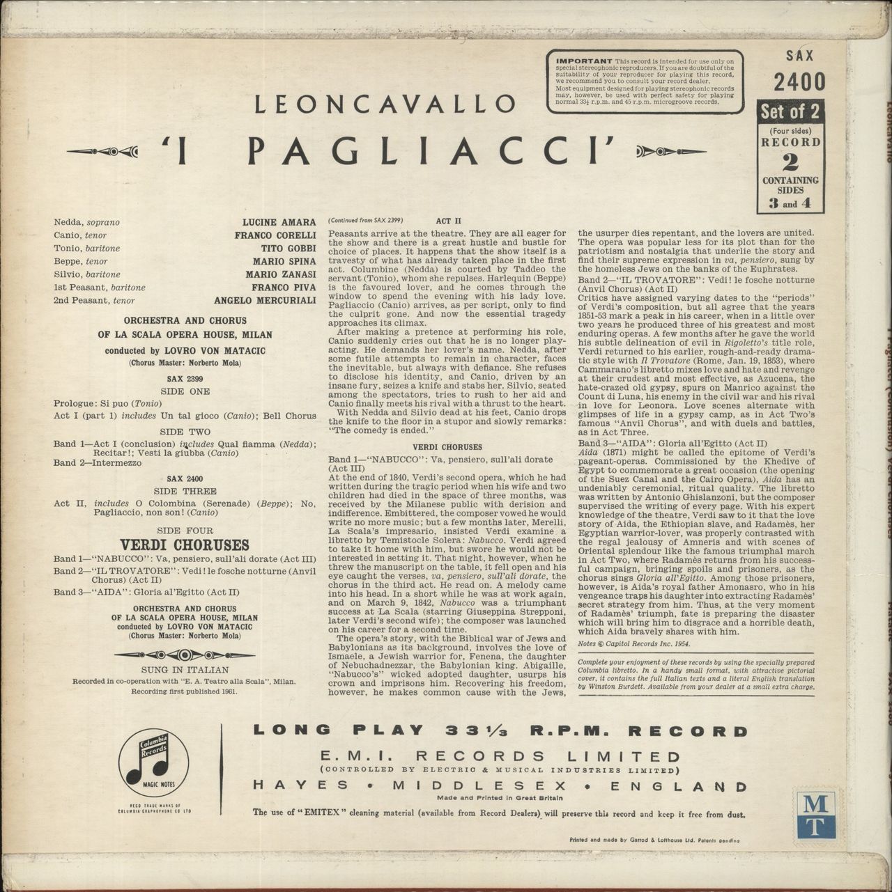 Ruggiero Leoncavallo Ruggiero Leoncavallo: I Pagliacci / Verdi Choruses UK 2-LP vinyl set
