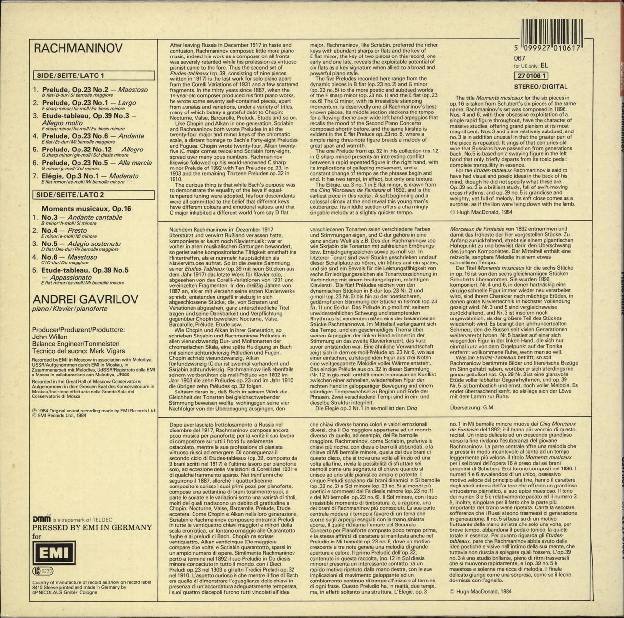 Sergei Rachmaninov Piano Music: Five Preludes - Four Moments Musicaux - Two Études-Tableaux - Élégie, Op. 3 No. 1 German Vinyl LP