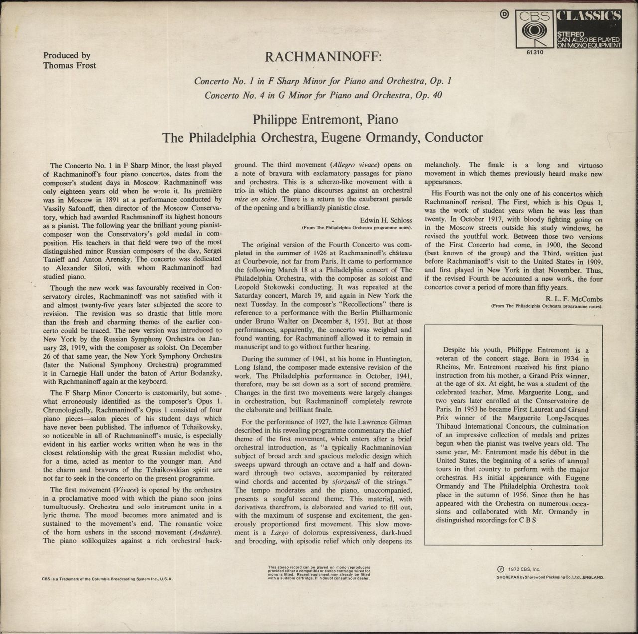 Sergei Rachmaninov Rachmaninov: Piano Concerto No 1 In F Sharp Minor / Piano Concerto No 4 In G Minor UK Vinyl LP