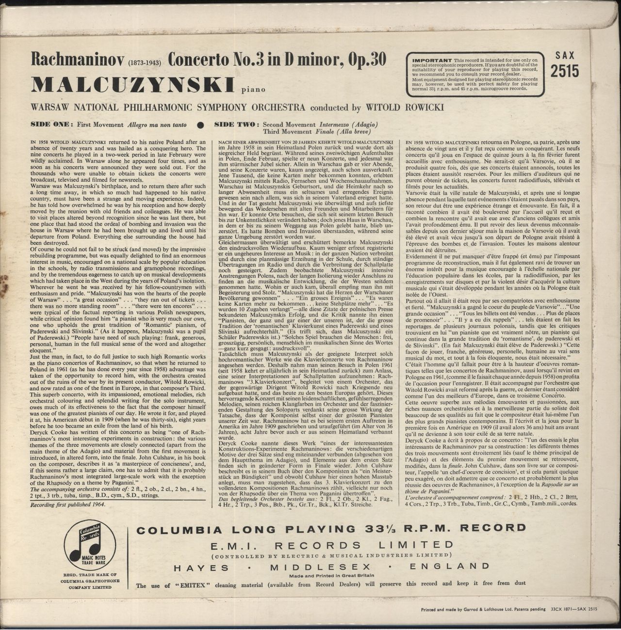 Sergei Rachmaninov Rachmaninov: Piano Concerto No.3 In D Minor UK Vinyl LP