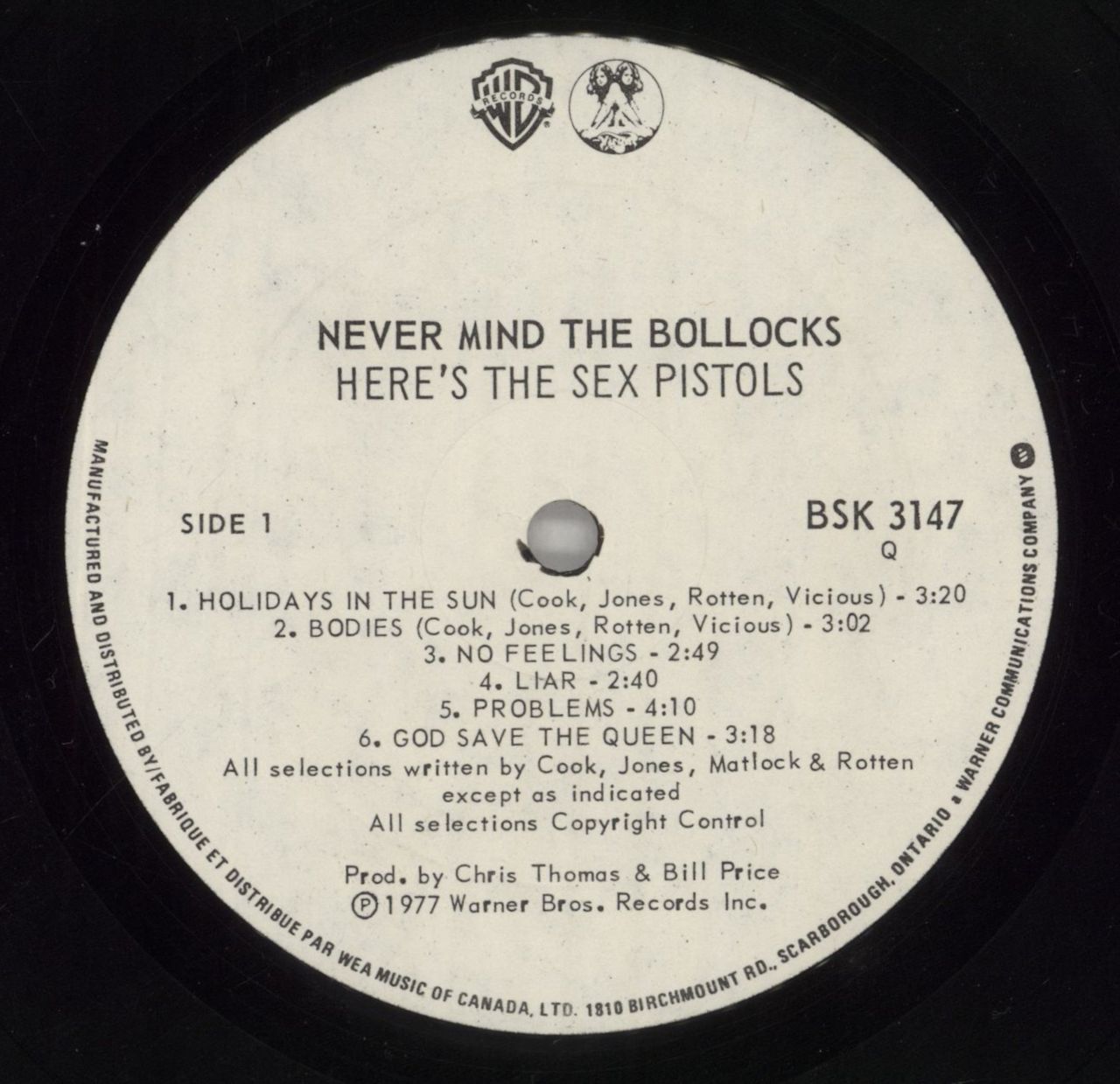 Sex Pistols Never Mind The Bollocks - 1st - VG/EX Canadian Vinyl LP