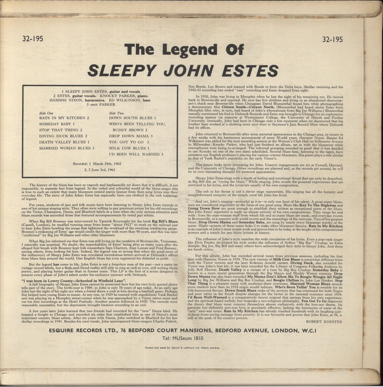 Sleepy John Estes The Legend Of UK Vinyl LP