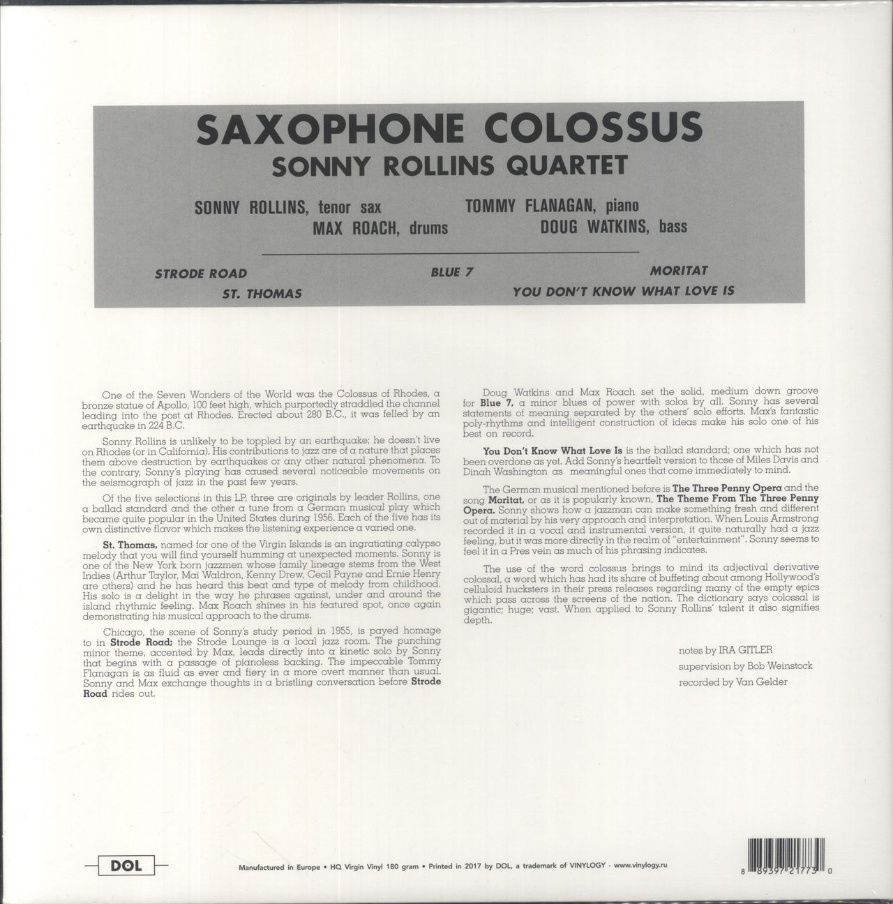 Sonny Rollins Saxophone Colossus - 180gm UK Vinyl LP