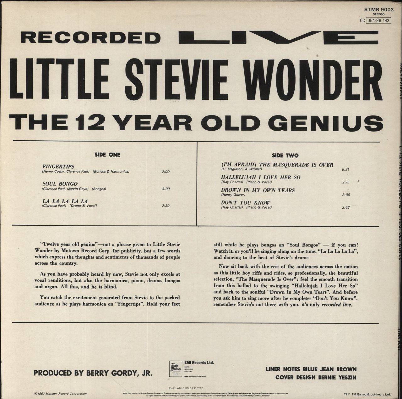 Stevie Wonder The 12 Year Old Genius Recorded Live UK Vinyl LP
