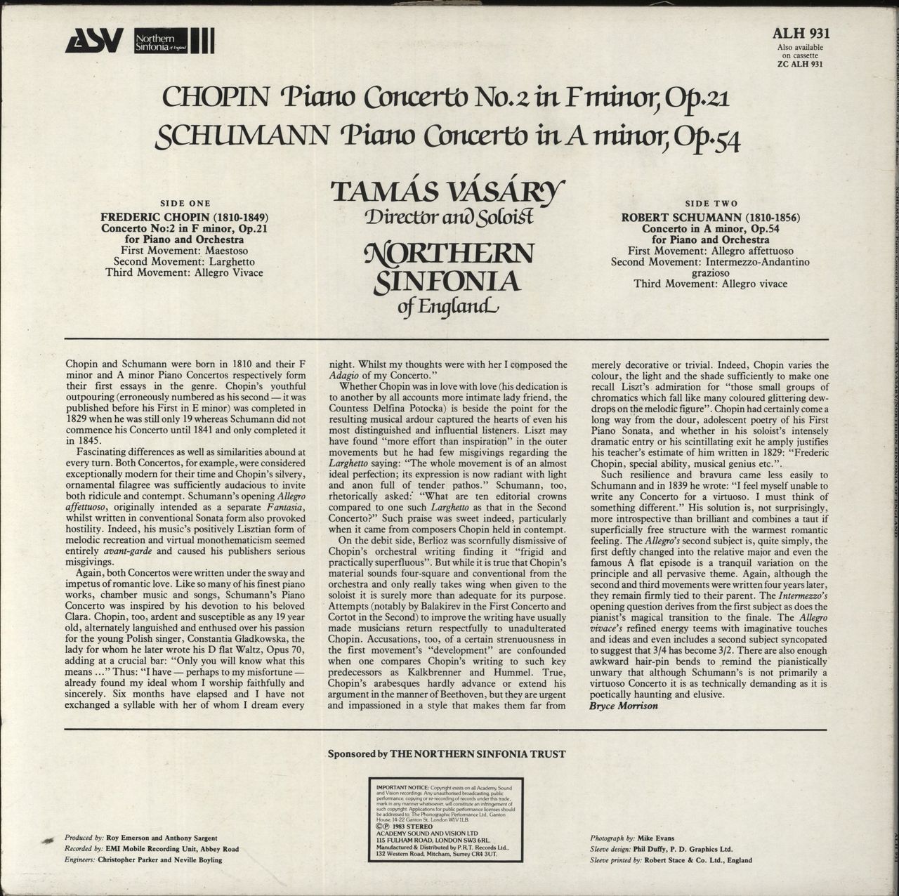 Tamás Vásáry Chopin: Piano Concerto No.2 In F Minor, Op.21 / SChumann: Piano Concerto In A Minor, Op.54 UK Vinyl LP