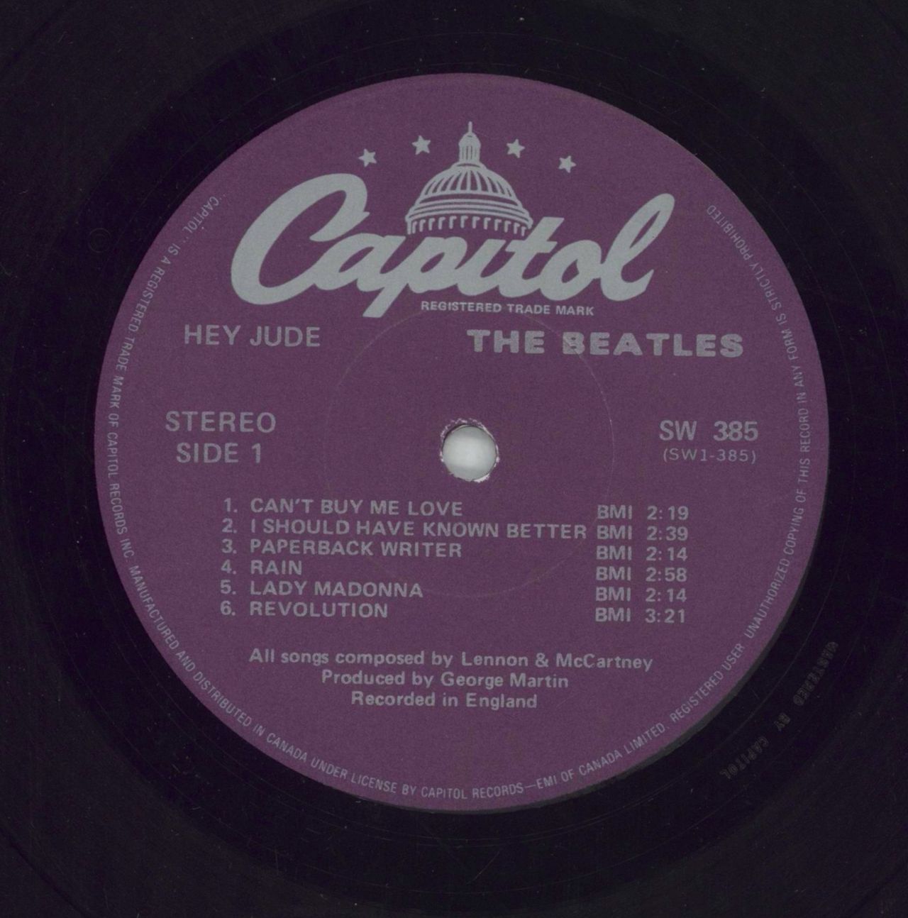 The Beatles Hey Jude - Purple Canadian Vinyl LP