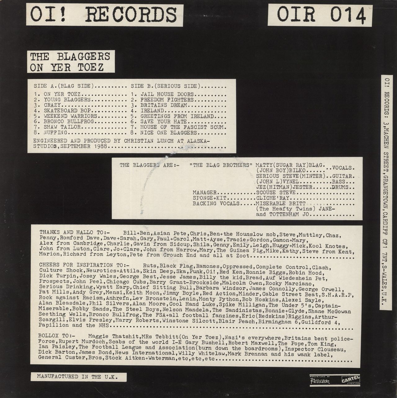 The Blaggers On Yer Toez UK Vinyl LP