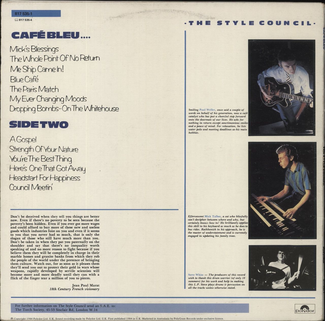 The Style Council Café Bleu New Zealand Vinyl LP