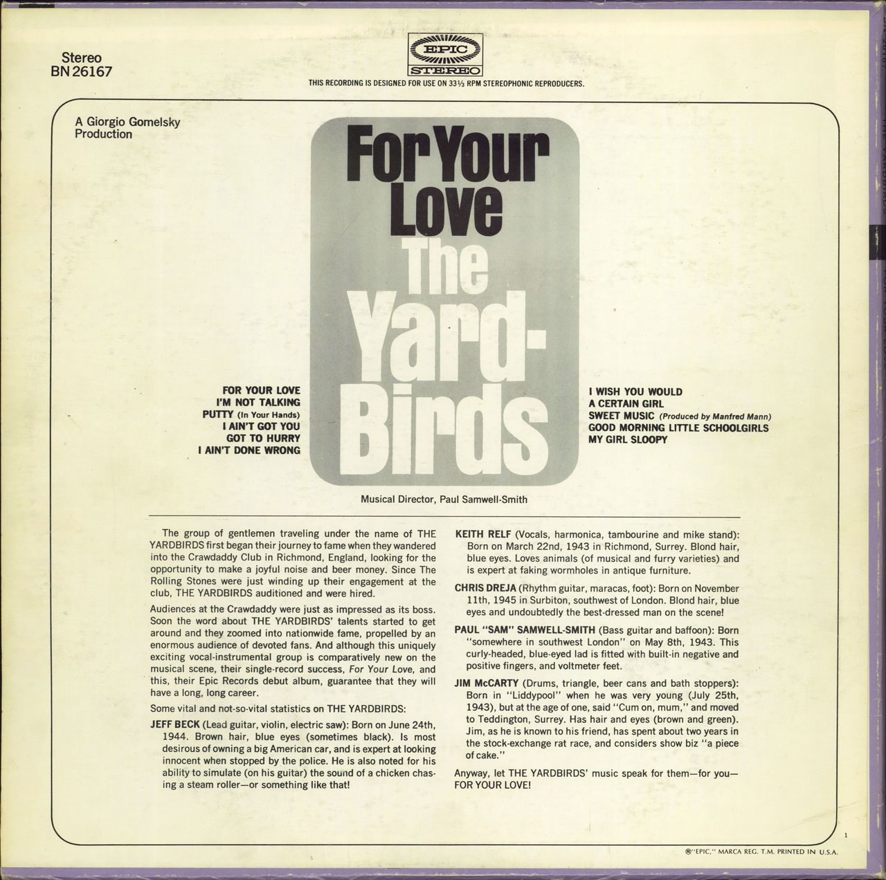 The Yardbirds For Your Love - 1st - VG/EX US Vinyl LP