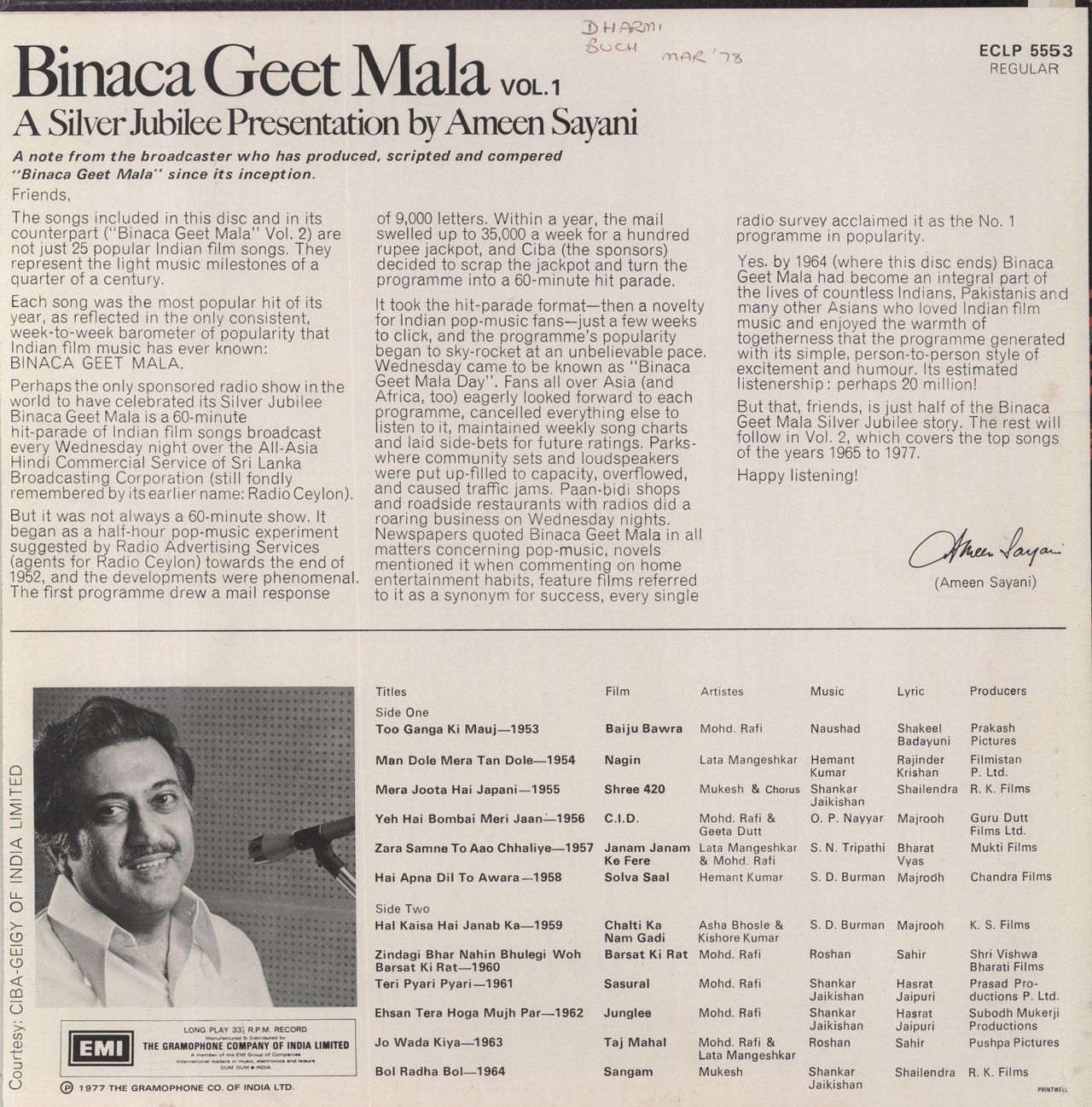 Various-Bollywood Binaca Geet Mala Vol.1 Indian Vinyl LP