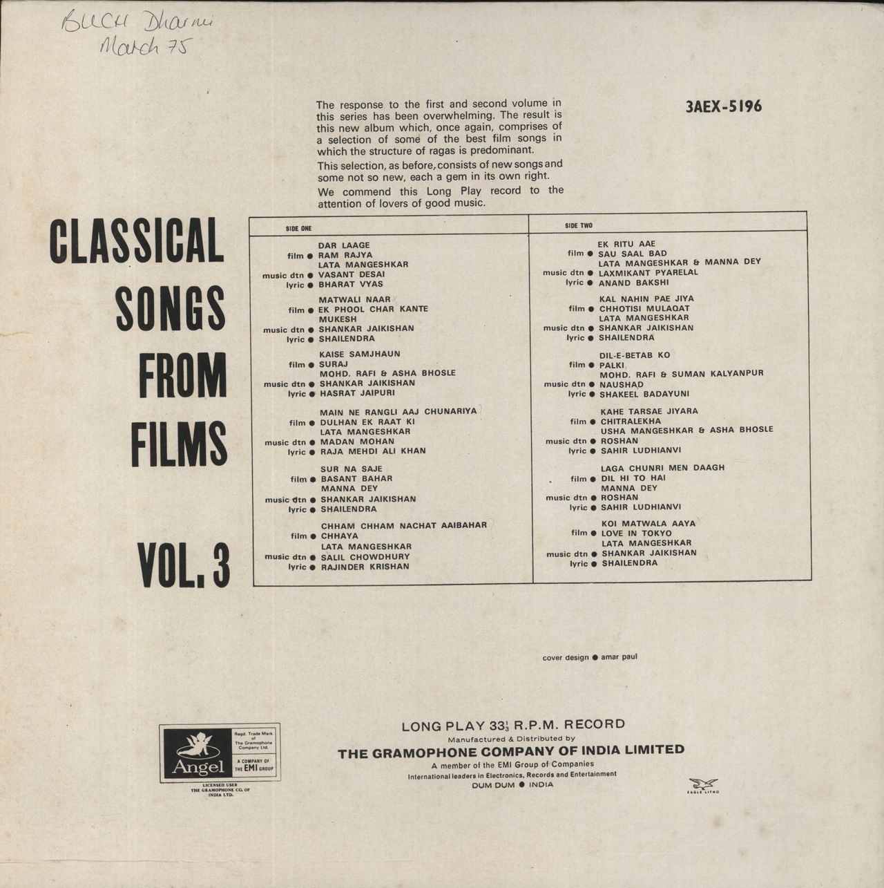 Various-Bollywood Classical Songs From Films (Vol-3) Indian Vinyl LP