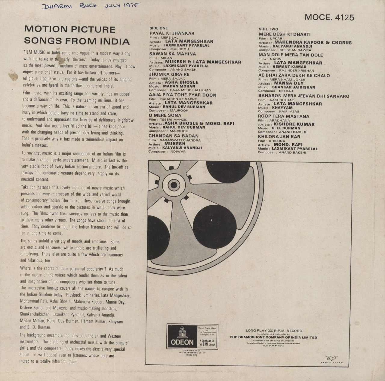 Various-Bollywood Motion Picture Songs From India Indian Vinyl LP