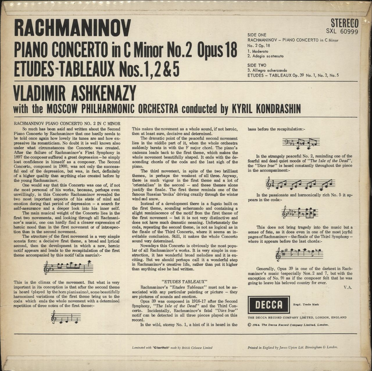 Vladimir Ashkenazy Rachmaninov: Piano Concerto No. 2 Opus 18 / Etudes-Tableaux Nos. 1, 2 & 5 UK Vinyl LP