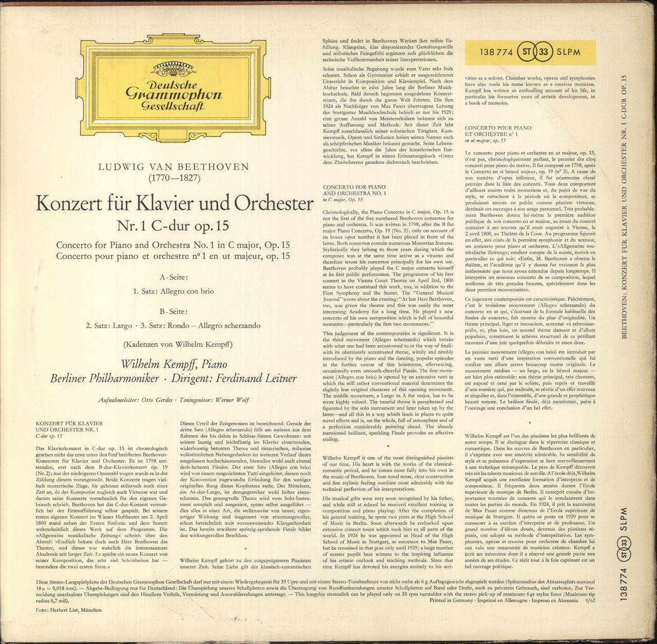 Wilhelm Kempff Beethoven: Klavierkonzert Nr. 1 C-dur German Vinyl LP