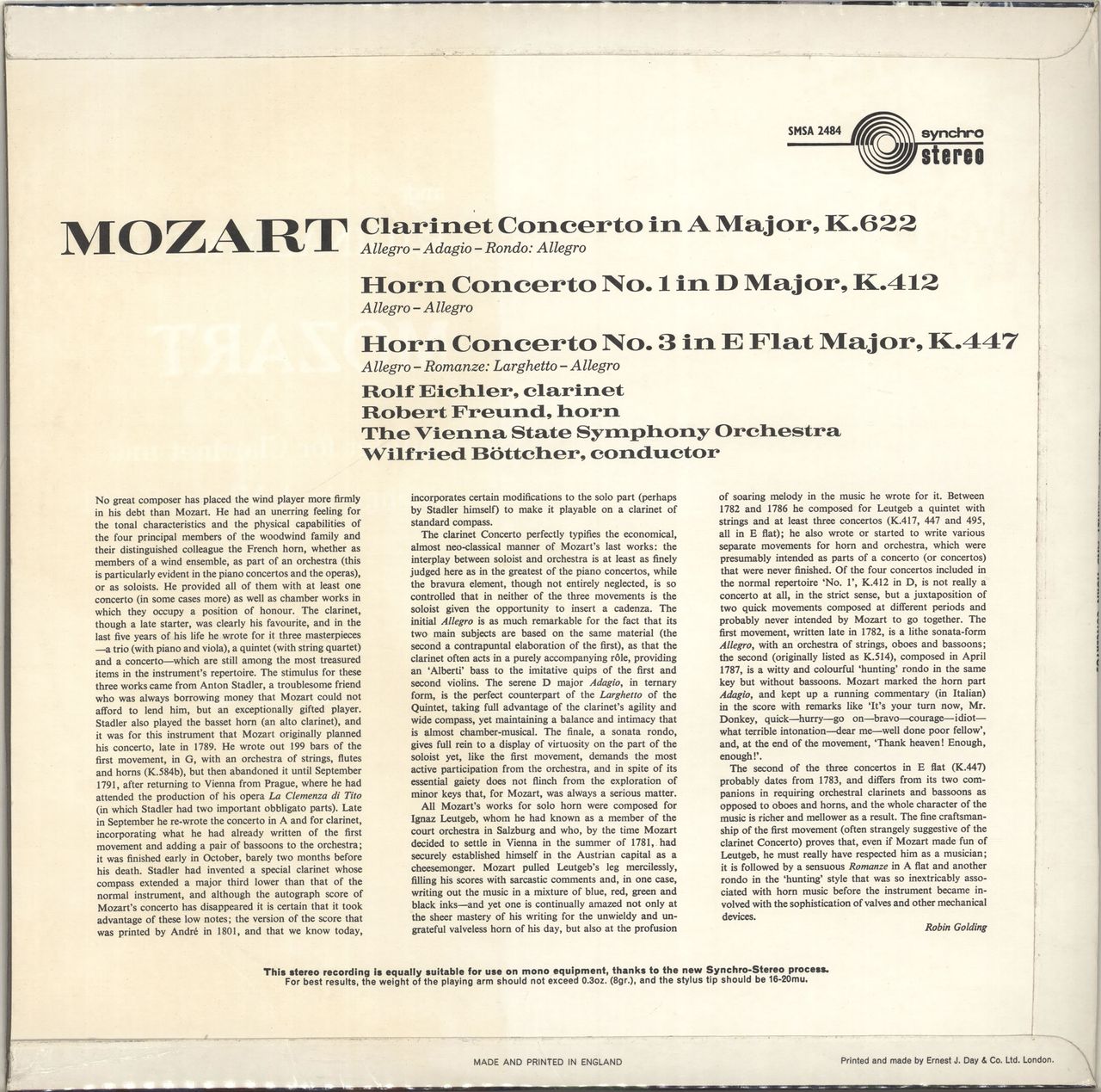 Wolfgang Amadeus Mozart Clarinet Concerto / Horn Concerto No. 1 / Horn Concerto No. 3 UK Vinyl LP