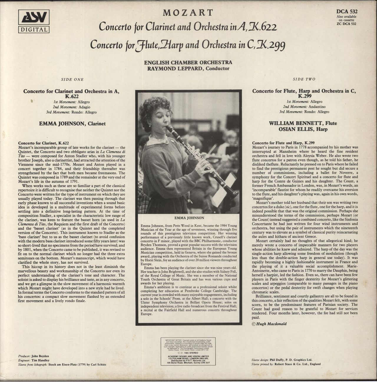 Wolfgang Amadeus Mozart Concerto For Clarinet And Orchestra In A, K.622 / Concerto For Flute, Harp And Orchestra In C, K.299 UK Vinyl LP