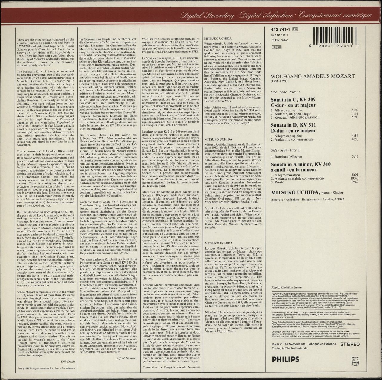 Wolfgang Amadeus Mozart Mozart: 3 Piano Sonatas = Klaviersonaten KV309, 310 & 311 Dutch Vinyl LP