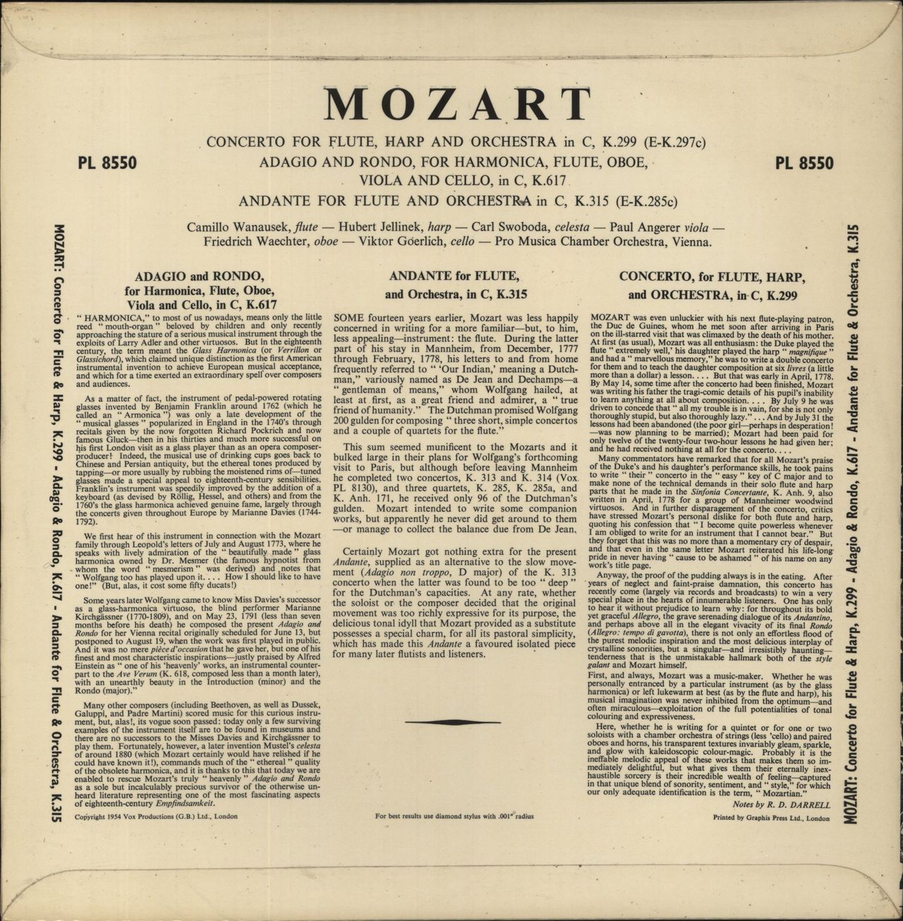 Wolfgang Amadeus Mozart Mozart: Concerto For Flute And Harp In C Major K.299 UK Vinyl LP