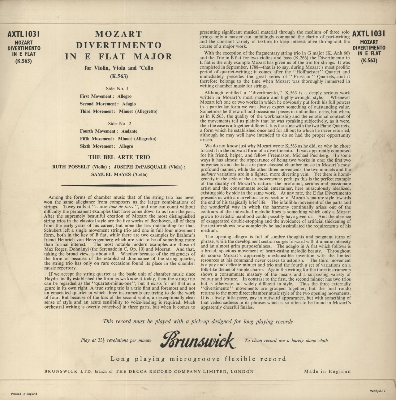Wolfgang Amadeus Mozart Mozart: Divertimento In E Flat Major for violin, viola and 'cello (K563) UK Vinyl LP