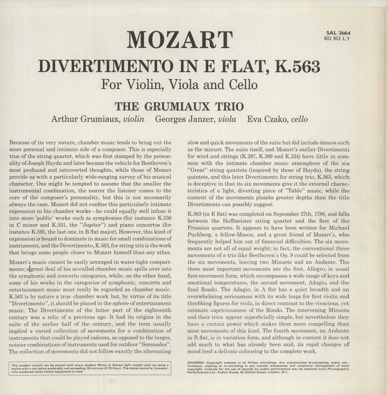 Wolfgang Amadeus Mozart Mozart: Divertimento In E Flat Major, K 563 For Violin, Viola And Cello UK Vinyl LP