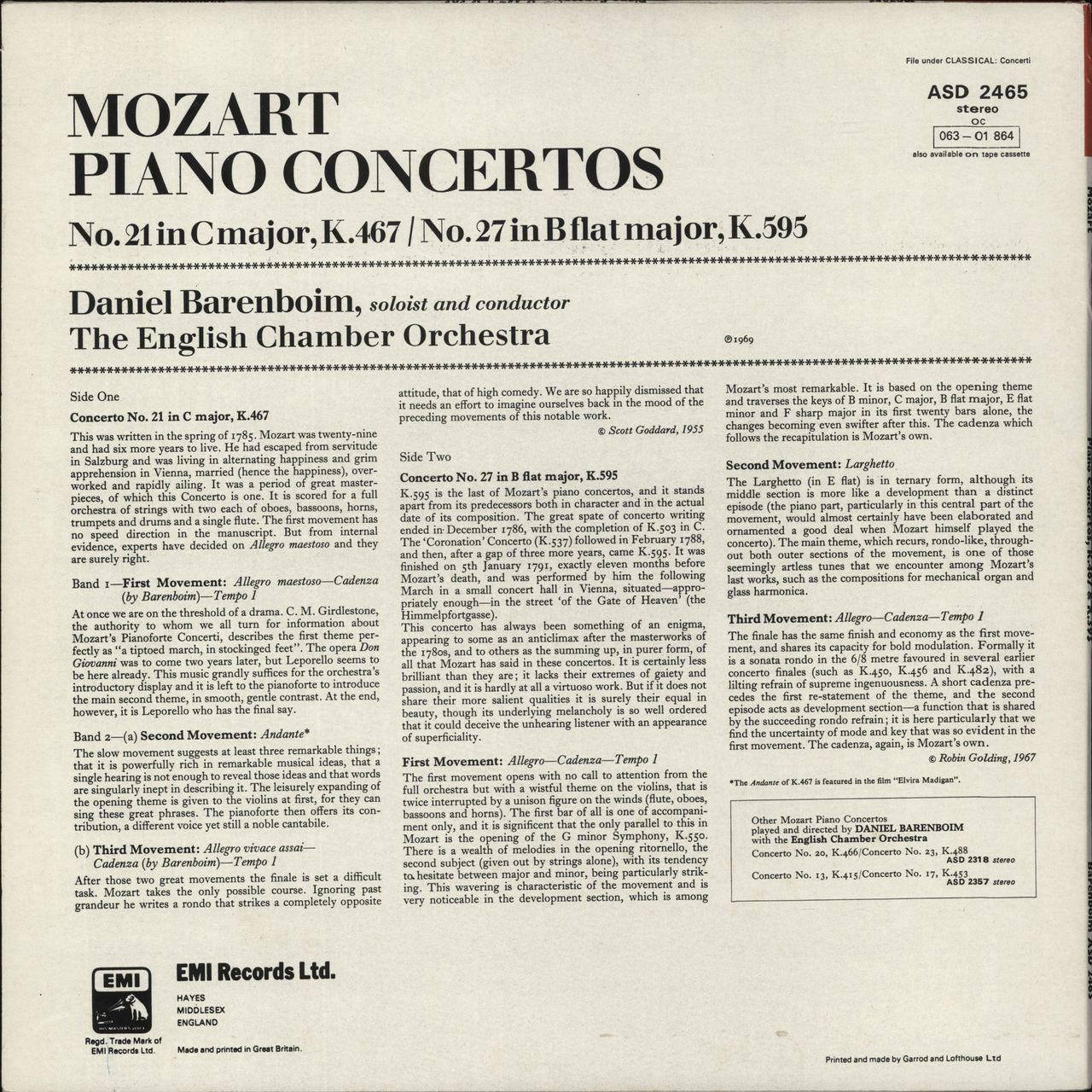 Wolfgang Amadeus Mozart Mozart Piano Concertos: No. 21 In C Major, K.467 · No. 27 In B Flat Major, K.595 UK Vinyl LP
