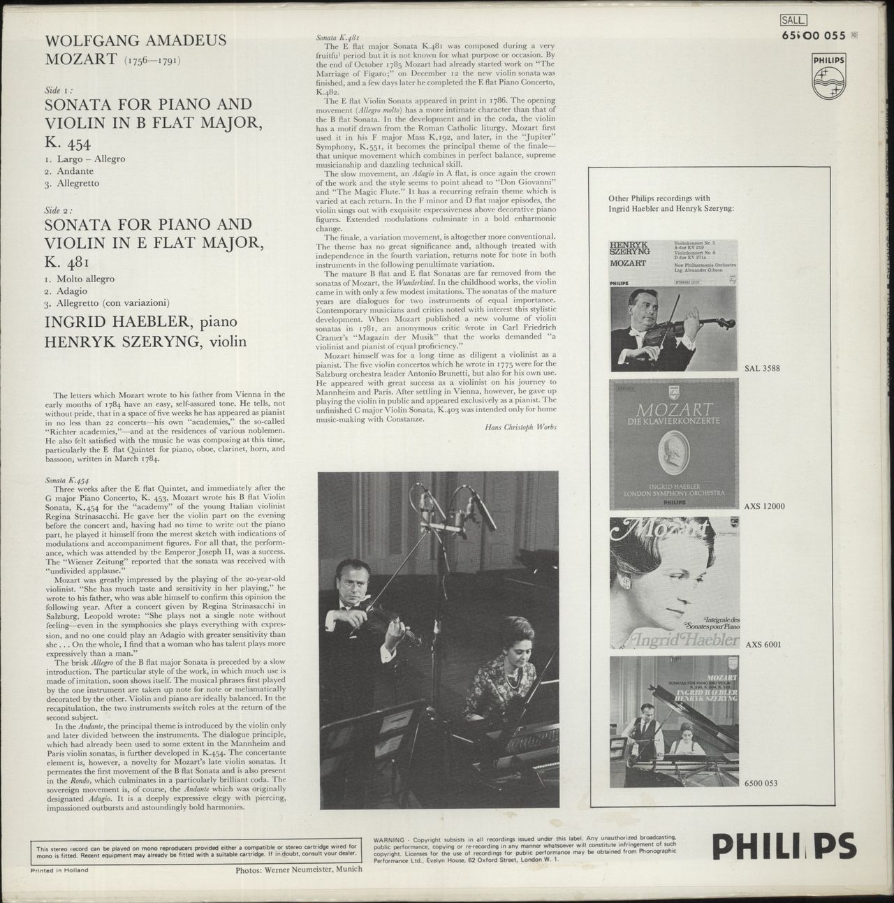 Wolfgang Amadeus Mozart Mozart: Sonatas For Piano And Violin K. 454, K. 481 UK Vinyl LP