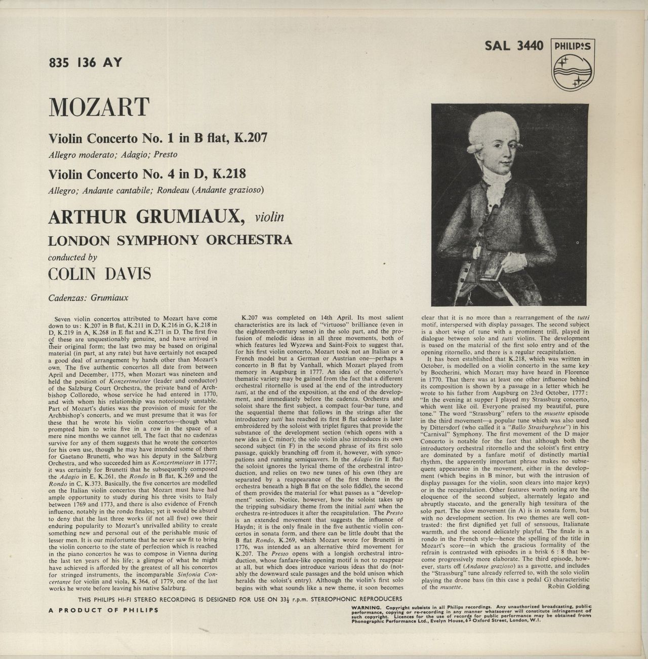 Wolfgang Amadeus Mozart Mozart: Violin Concertos In B Flat Major K. 207 And D Major K. 218 UK Vinyl LP