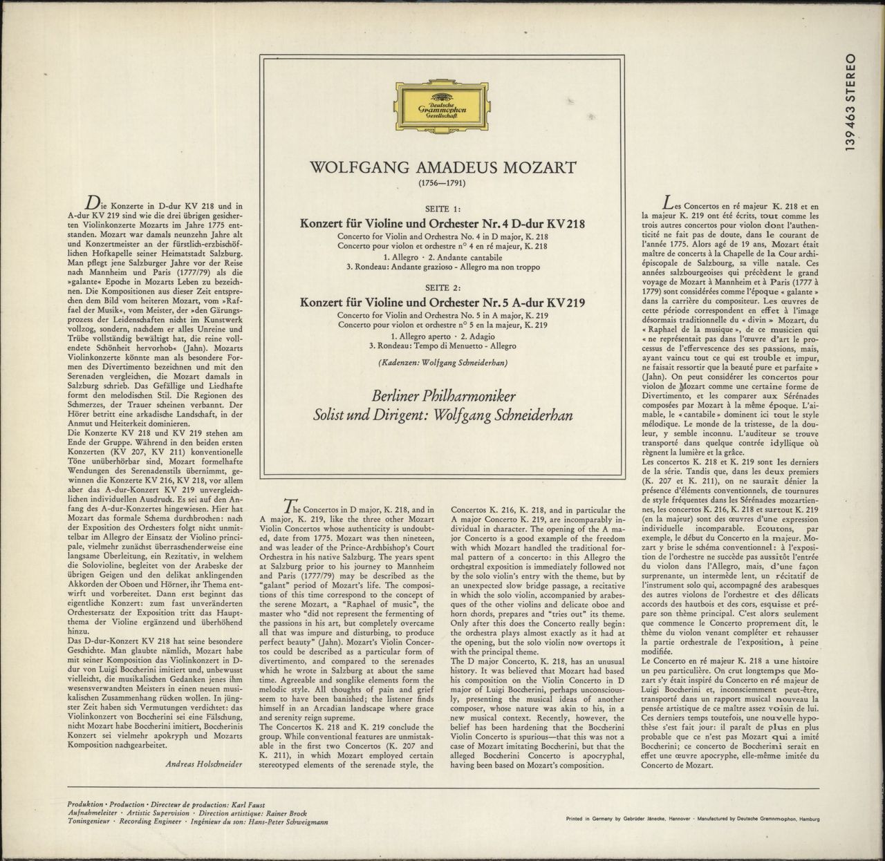 Wolfgang Amadeus Mozart Mozart: Violinkonzerte: Nr. 4 D-dur Kv 218 / Nr. 5 A-dur Kv 219 UK Vinyl LP