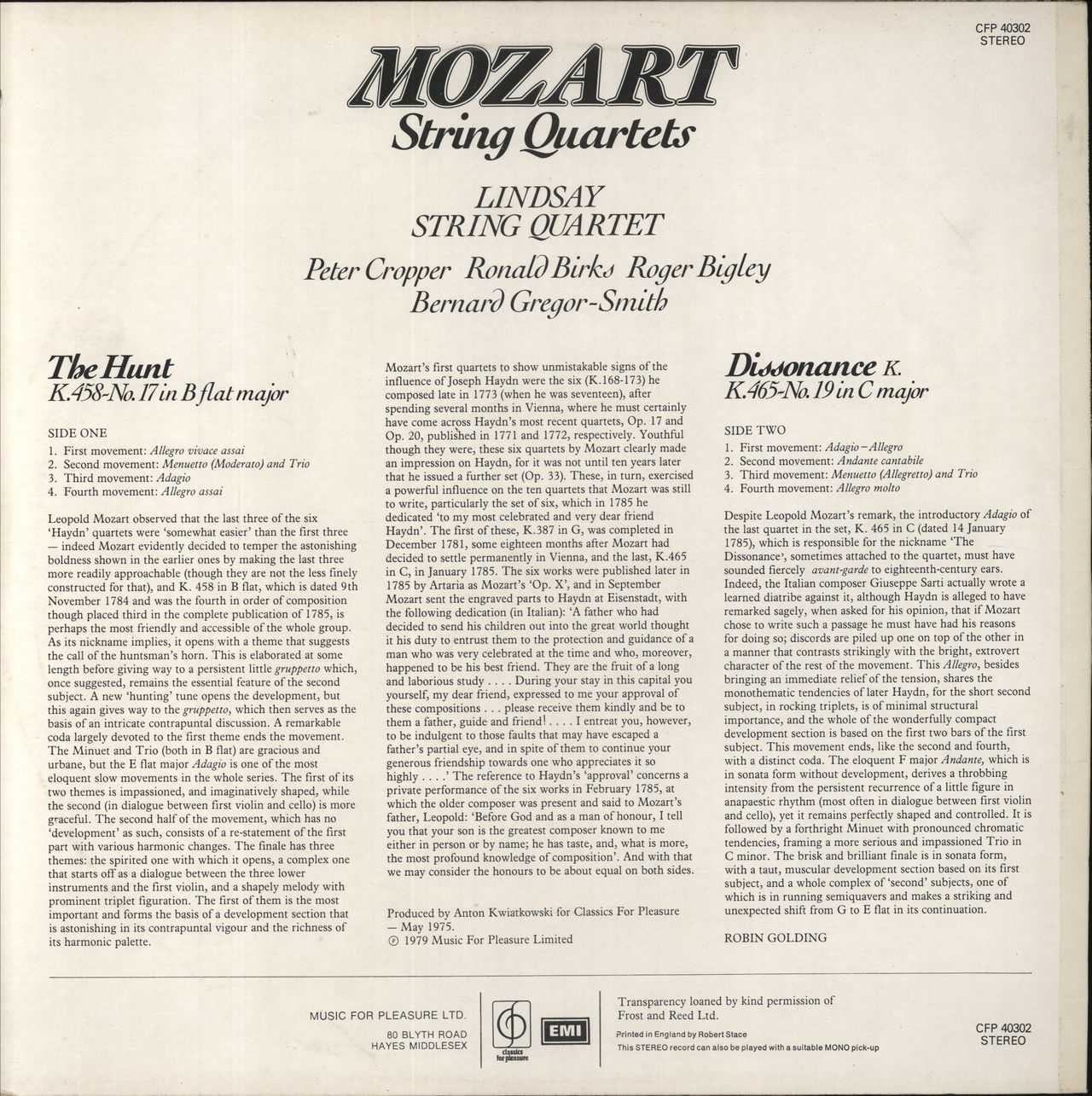 Wolfgang Amadeus Mozart String Quartets: The Hunt K.458-No. 17 In B Flat Major / Dissonance K.465-No. 19 In C UK Vinyl LP