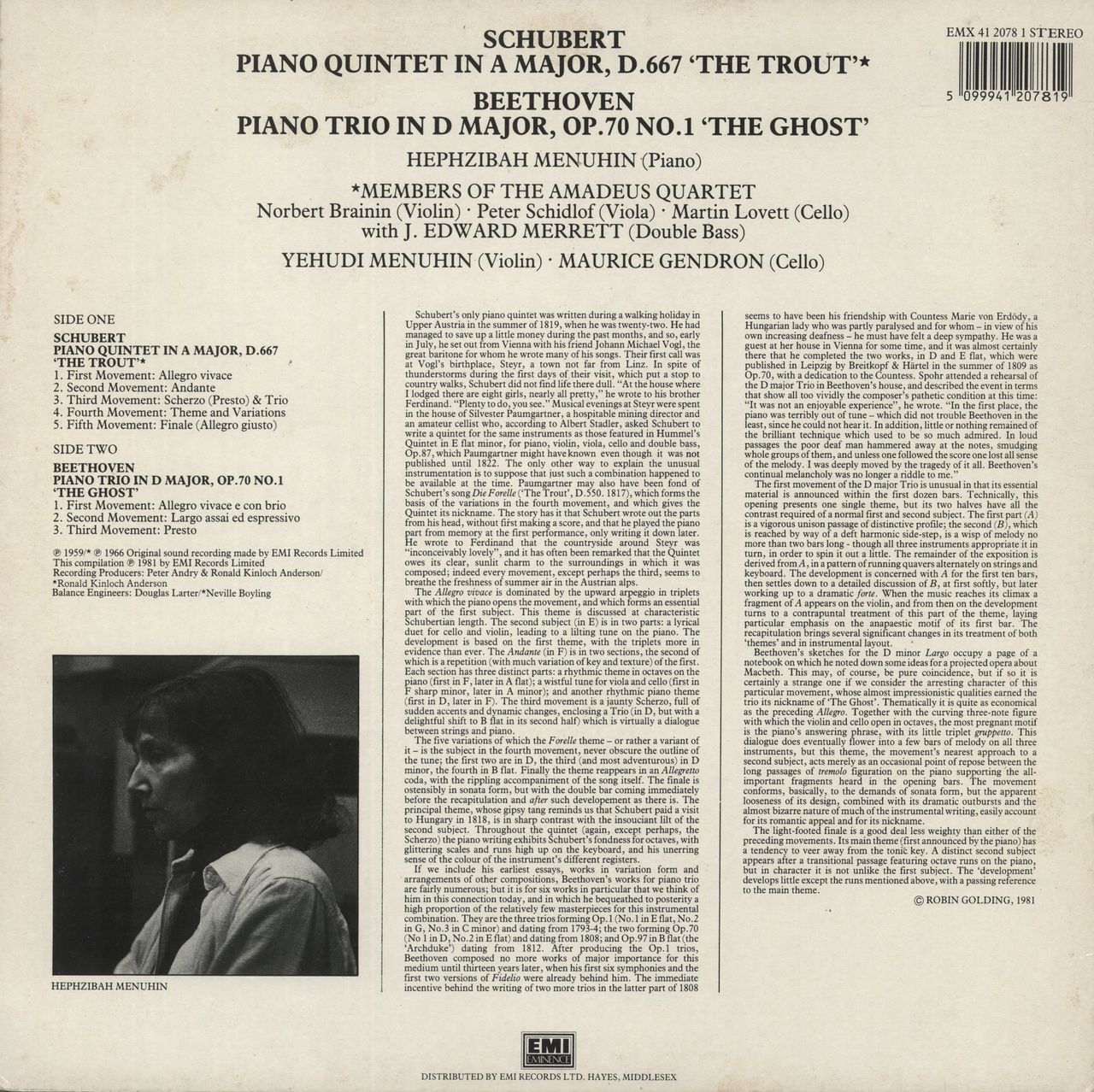 Yehudi Menuhin Schubert: Piano Quintet in A, 'Trout' / Beethoven: Piano Trio in D, 'Ghost' UK Vinyl LP